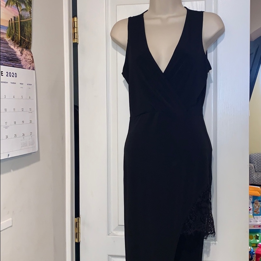 Black wrap dress with lace thigh detail